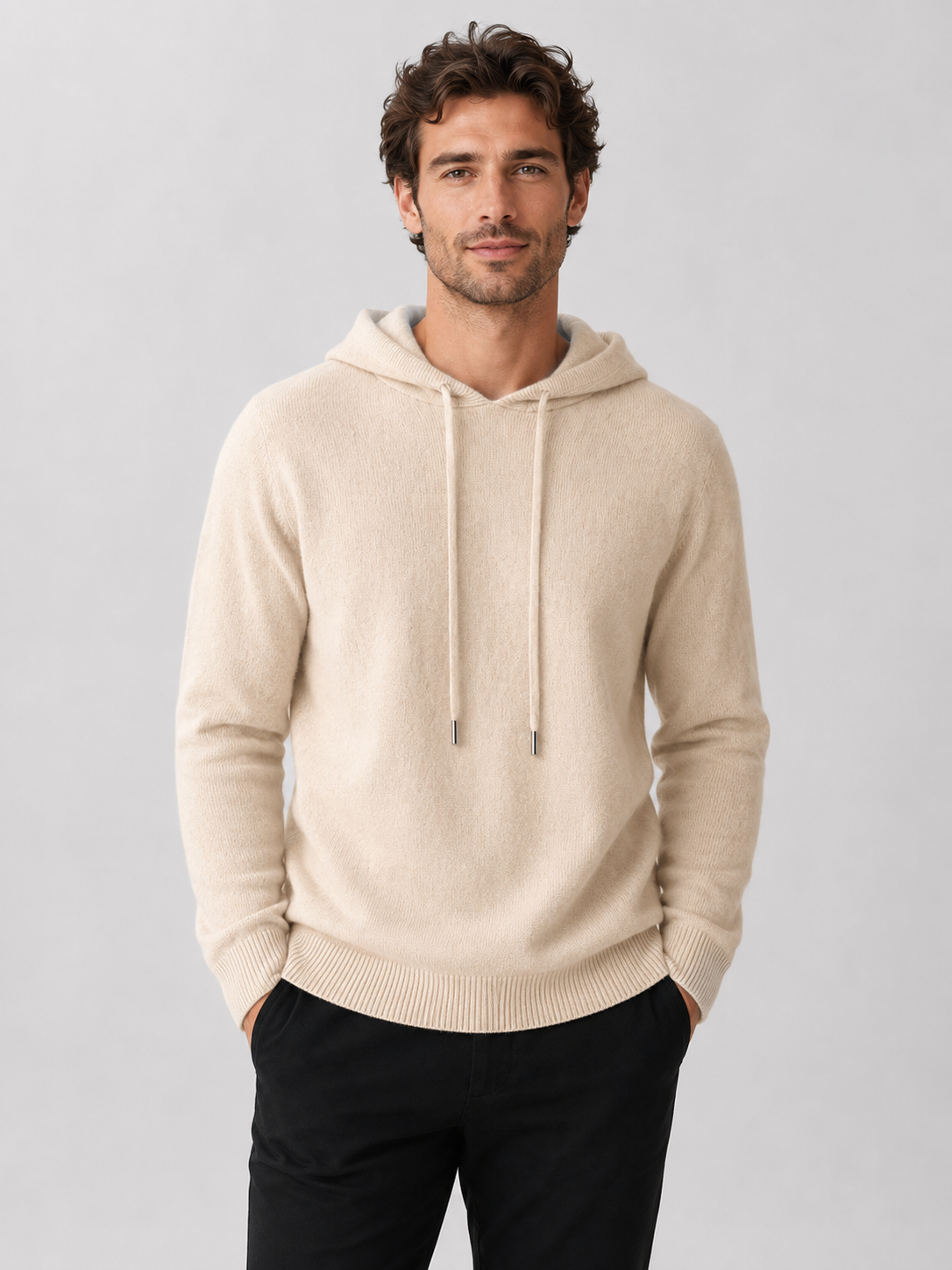 Men's hooded knit pullover sweater in beige
