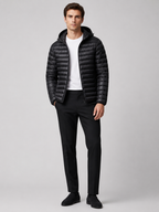 Men's lightweight hooded down jacket — detail view
