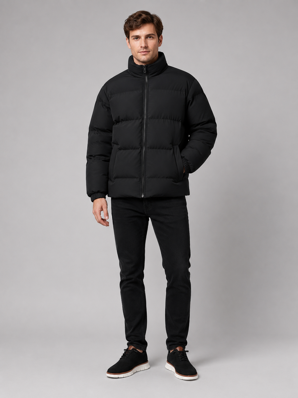 Men's stand-collar thermal puffer jacket — detail view