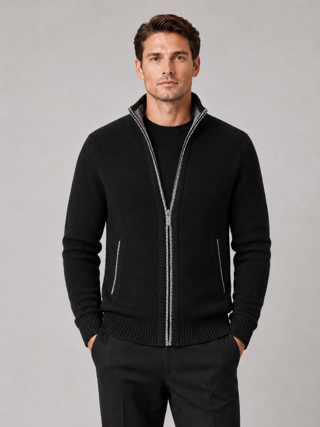 Men's full-zip fleece cardigan in black — additional view