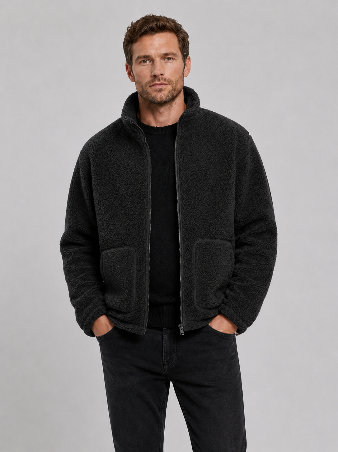 Men's zip-up stand-collar jacket in black — additional view