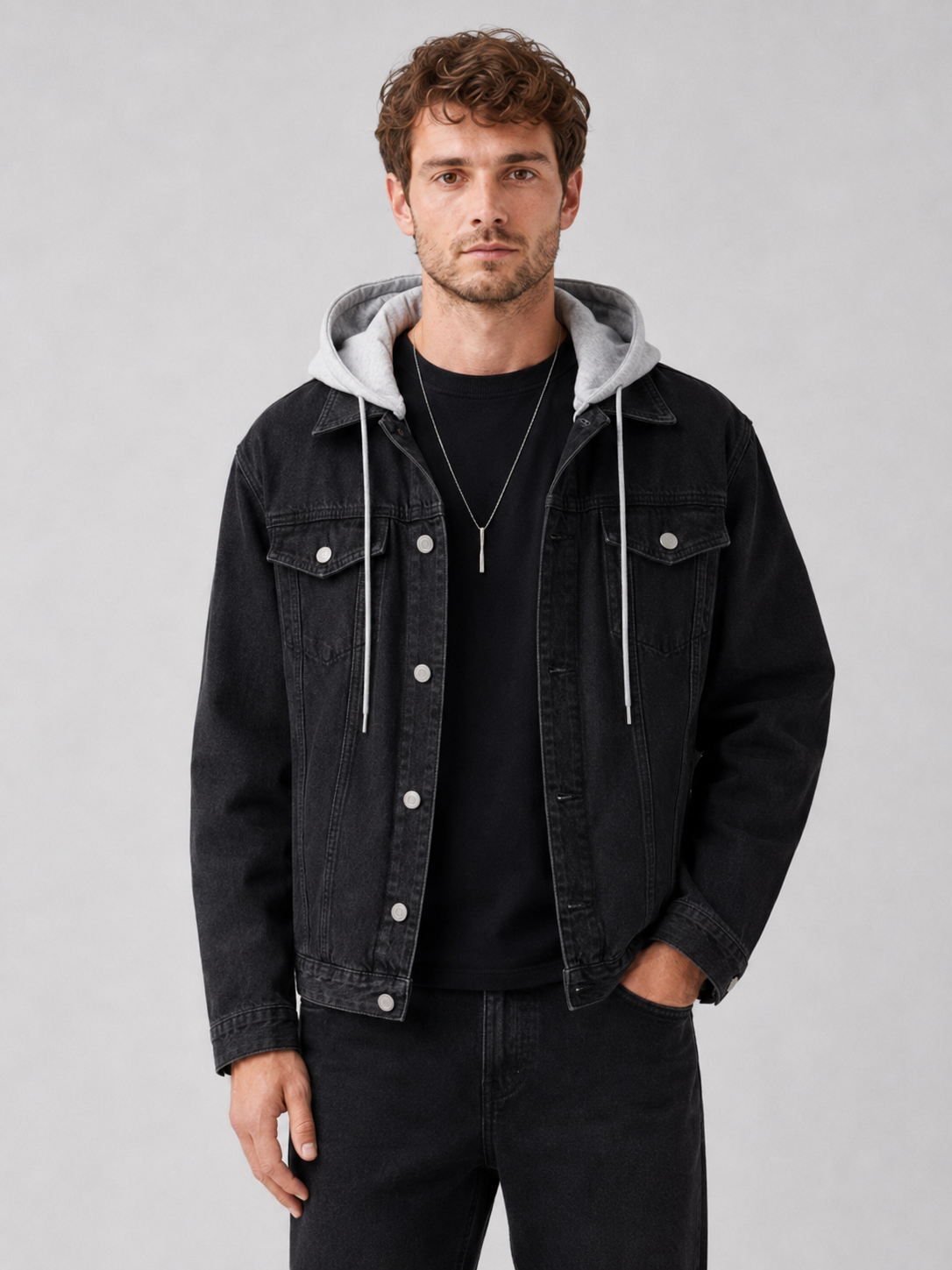 Men's hooded relaxed-fit denim jacket in black — additional view