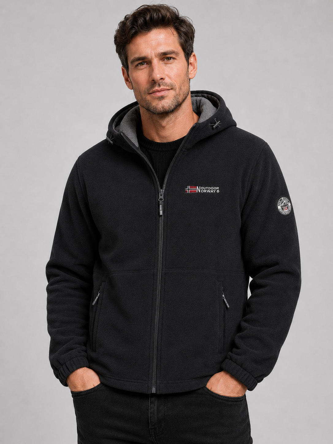 Men's windproof hooded fleece jacket in black — additional view