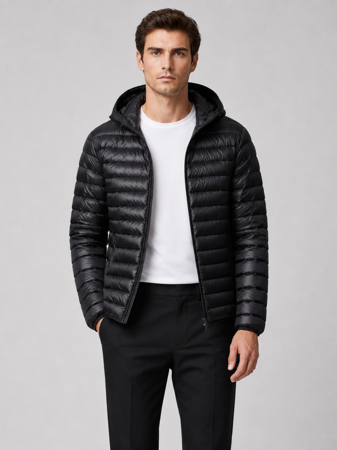 Men's lightweight hooded down jacket in black