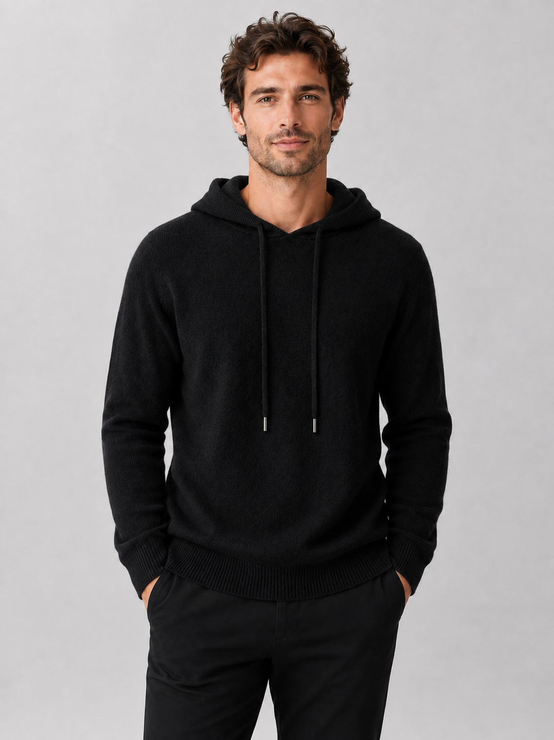Men's hooded knit pullover sweater in black — additional view