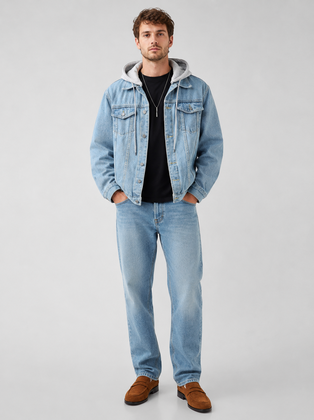 Men's hooded relaxed-fit denim jacket — detail view