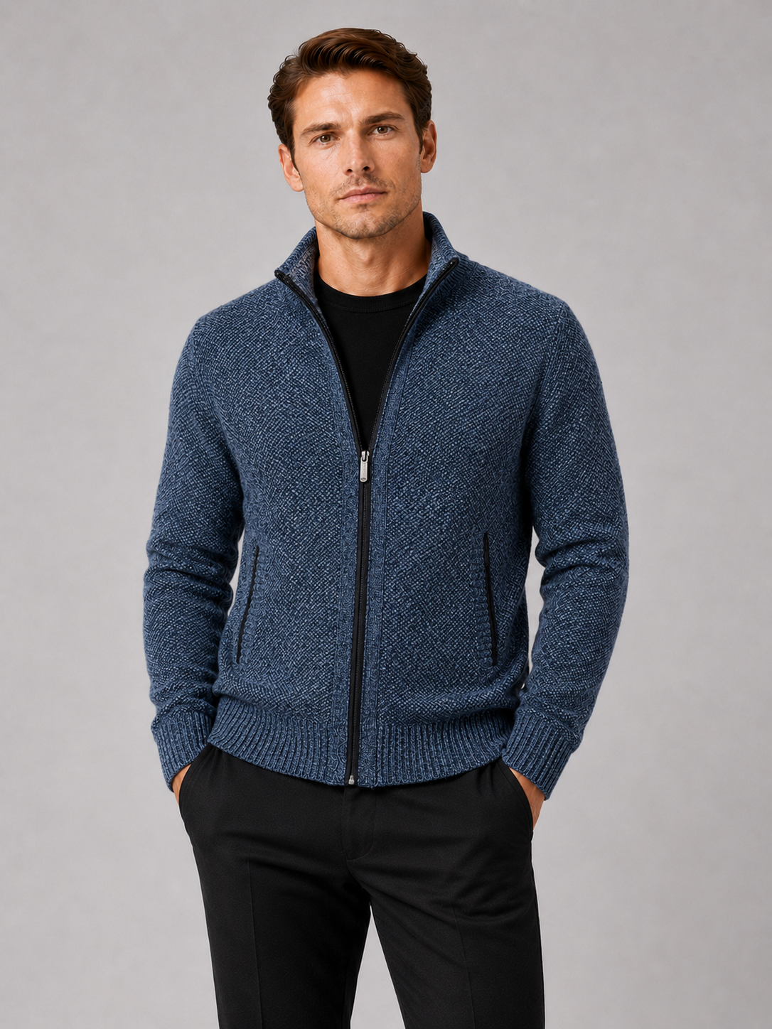 Men's full-zip fleece cardigan in blue — additional view