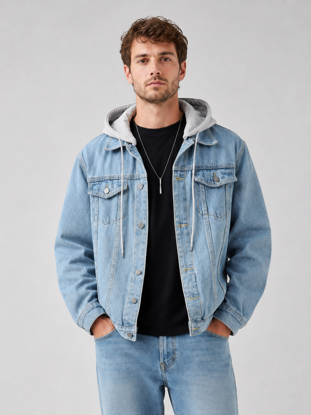 Men's hooded relaxed-fit denim jacket in blue