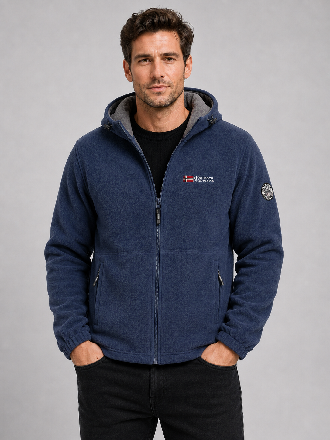 Men's windproof hooded fleece jacket in blue — additional view