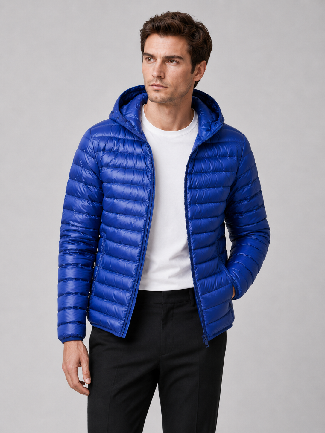 Men's lightweight hooded down jacket in blue — additional view