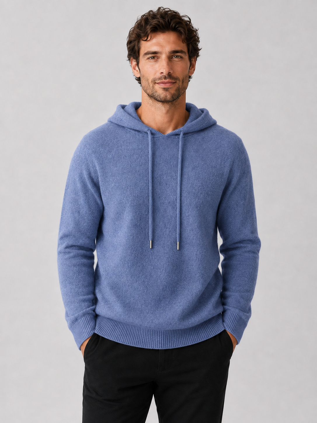 Men's hooded knit pullover sweater in blue — additional view