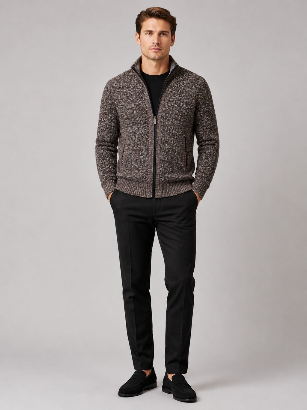 Men's full-zip fleece cardigan — detail view