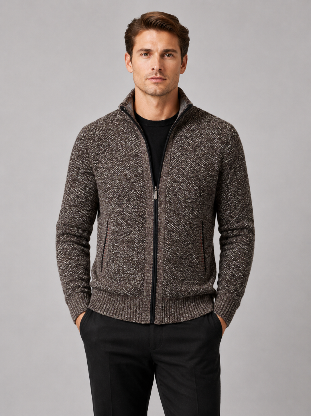 Men's full-zip fleece cardigan in brown