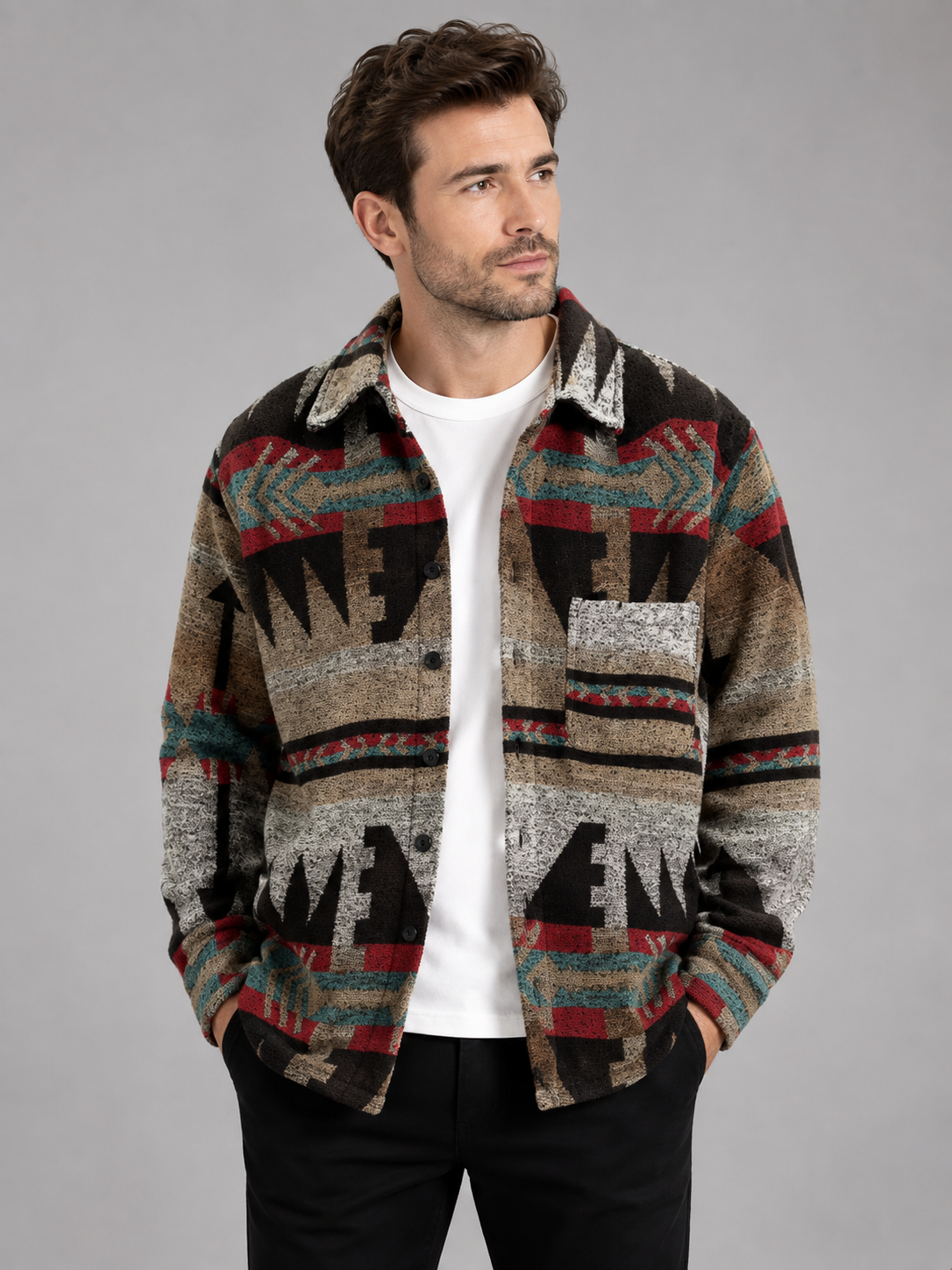 Men's heavyweight flannel shirt jacket in brown