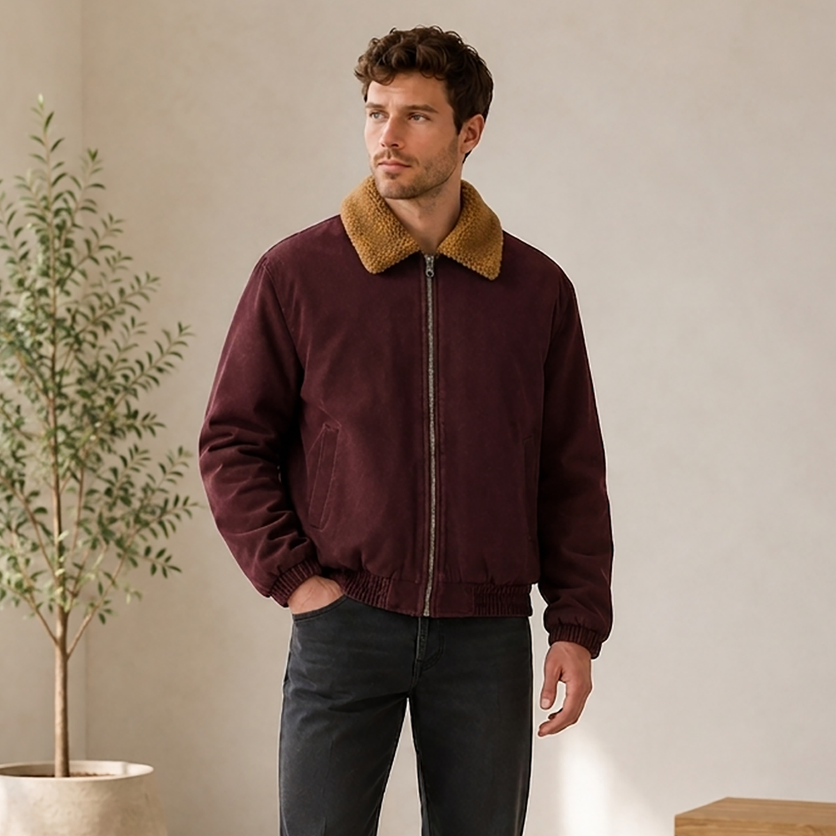 Men's sherpa-collar zip work jacket in brown — alternate view