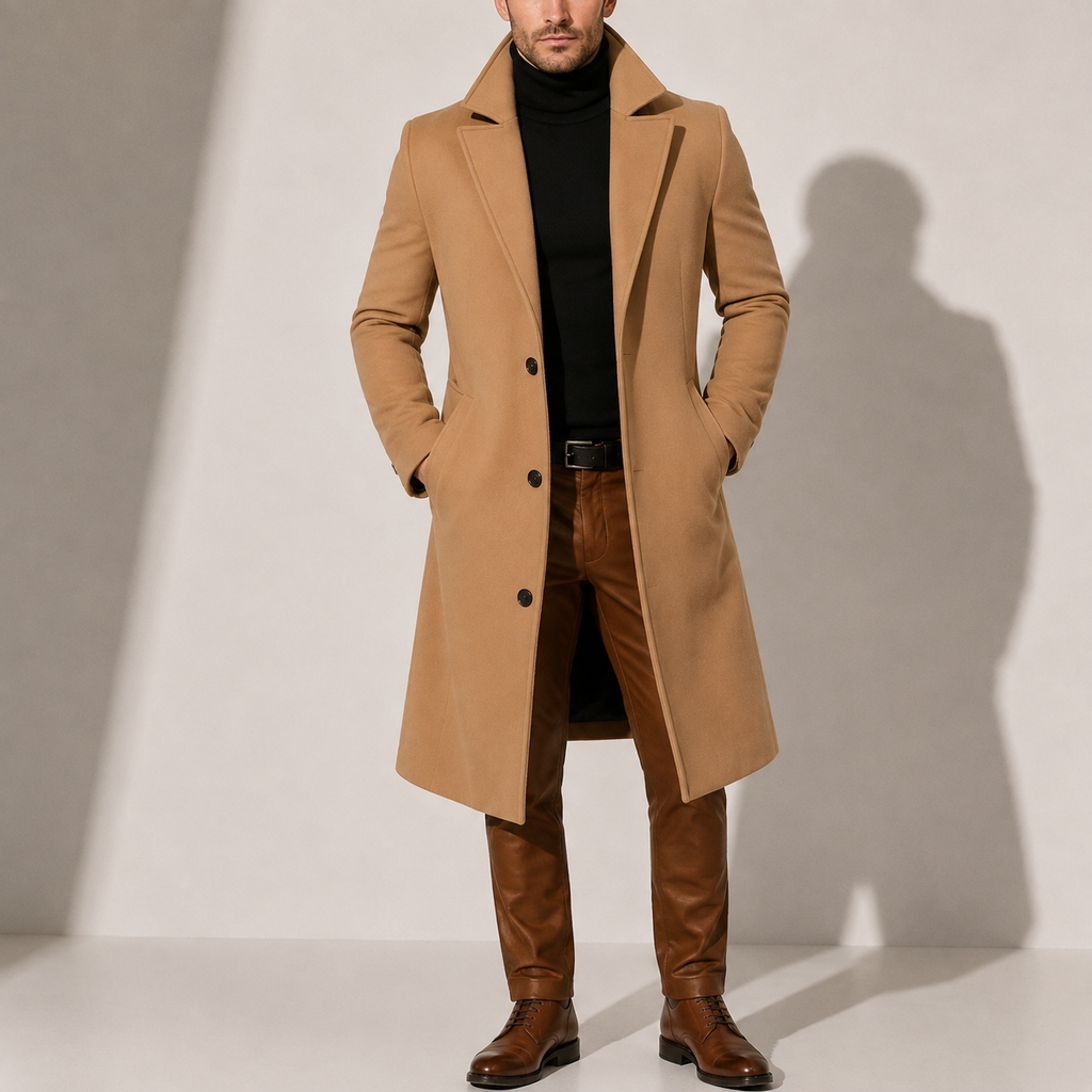 Men's wool blend long winter coat in light brown