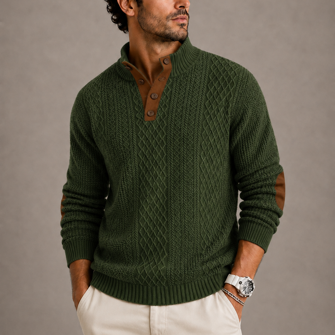 Men's crew neck sweater in green — alternate view