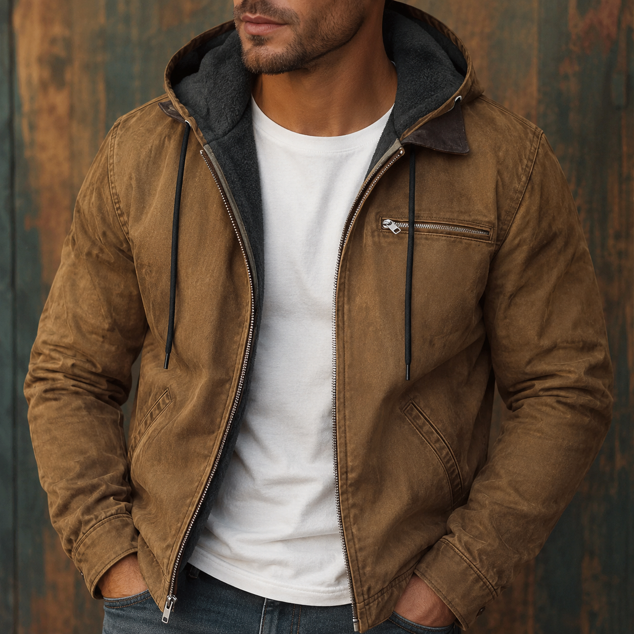Men's textured zip field jacket in caramel brown — detail view