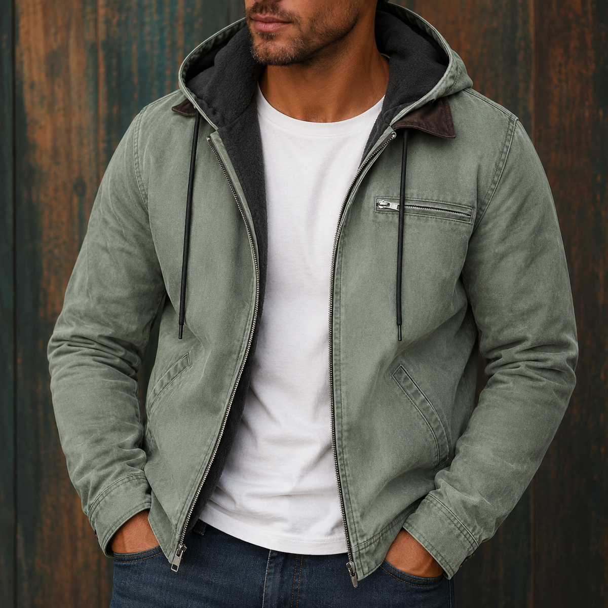 Men's textured zip field jacket in sage green — alternate view