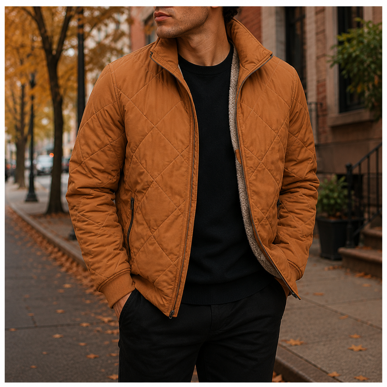 Men's quilted fleece-lined jacket in brown — alternate view