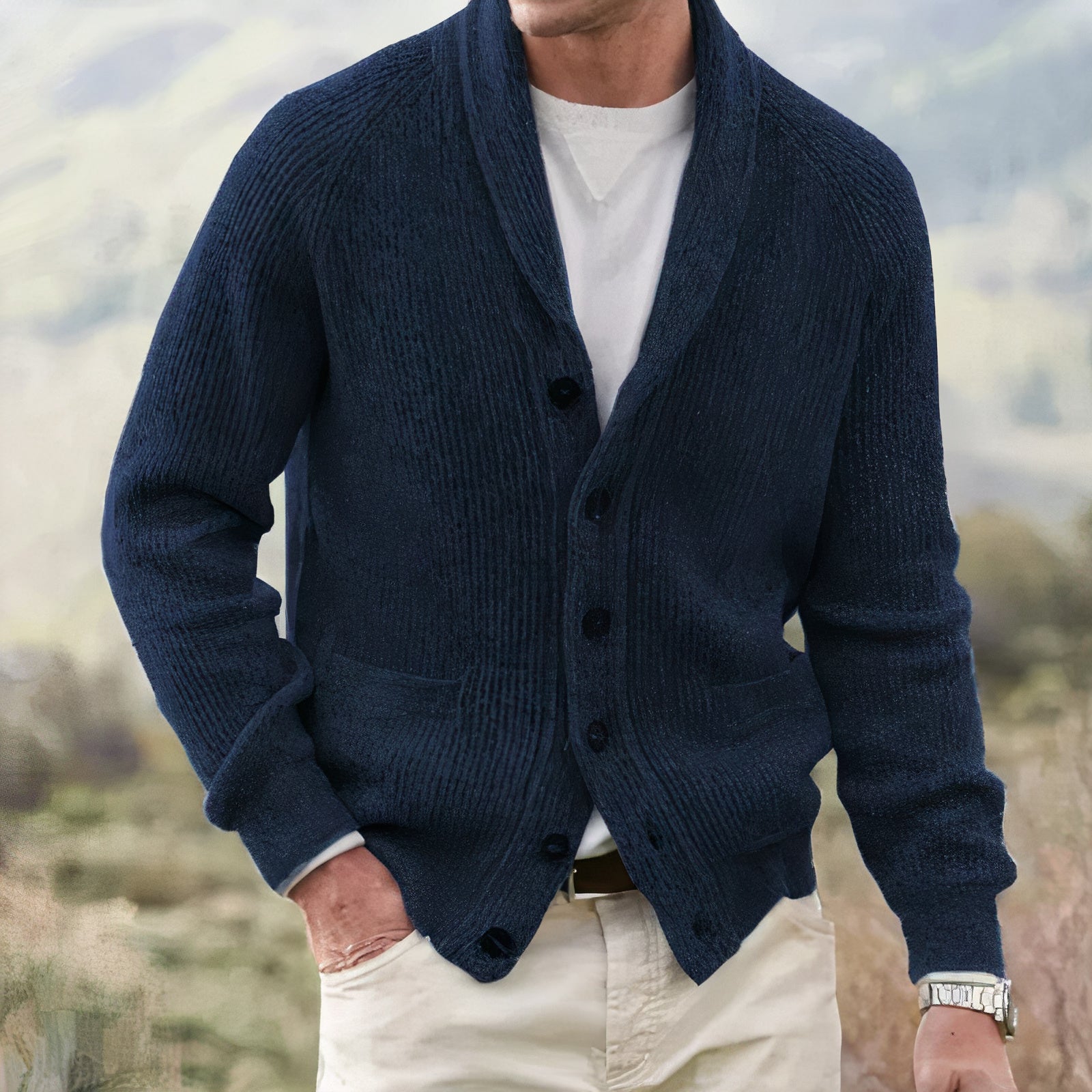 Men's ribbed shawl collar cardigan in marine blue