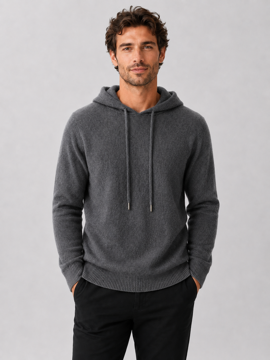 Men's hooded knit pullover sweater in dark gray — additional view