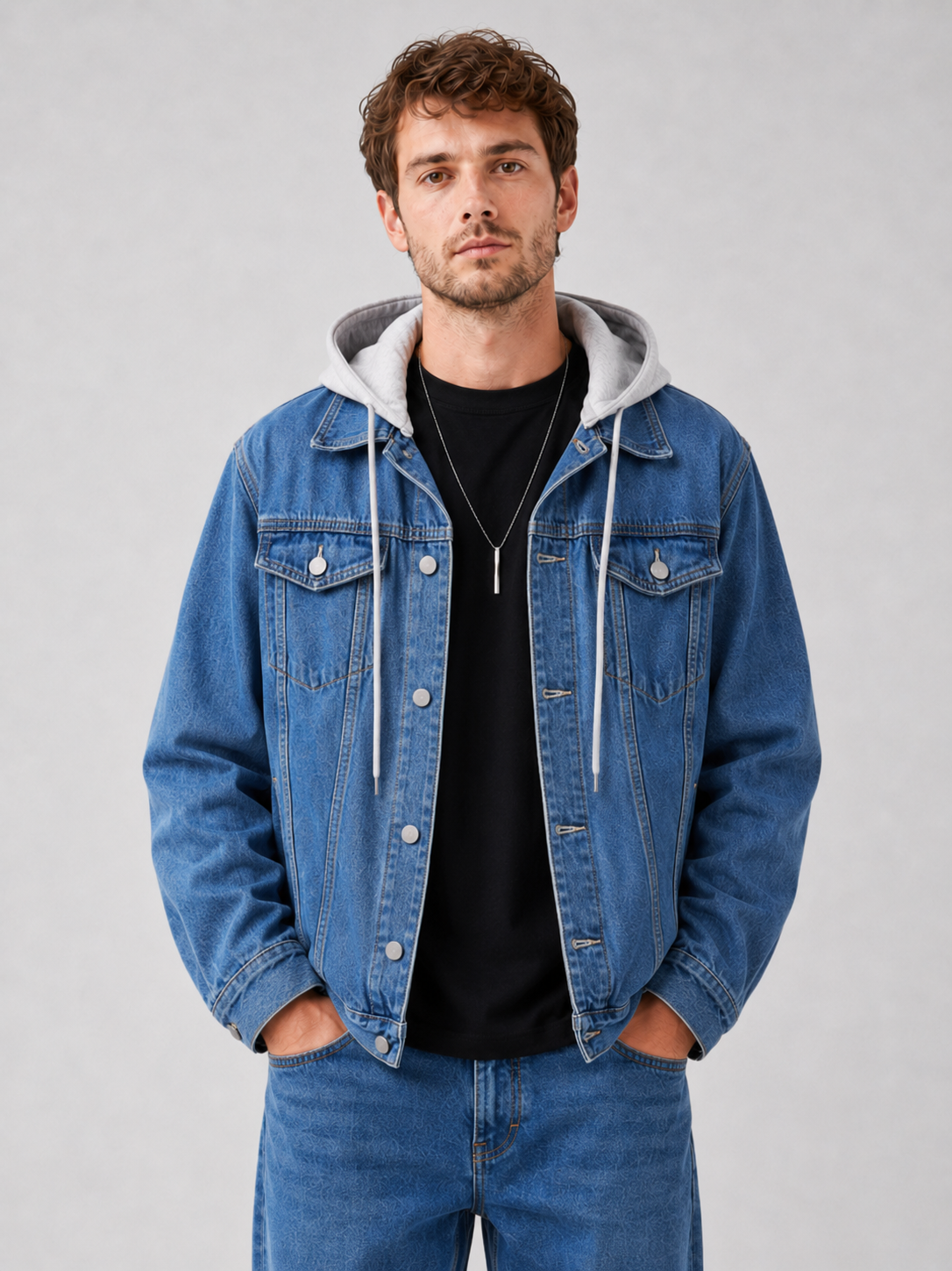 Men's hooded relaxed-fit denim jacket in navy — additional view