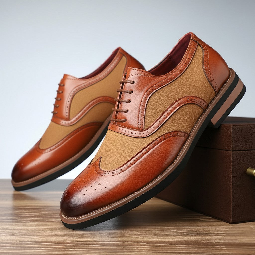 Men's brogue oxford dress shoes in light brown — detail view