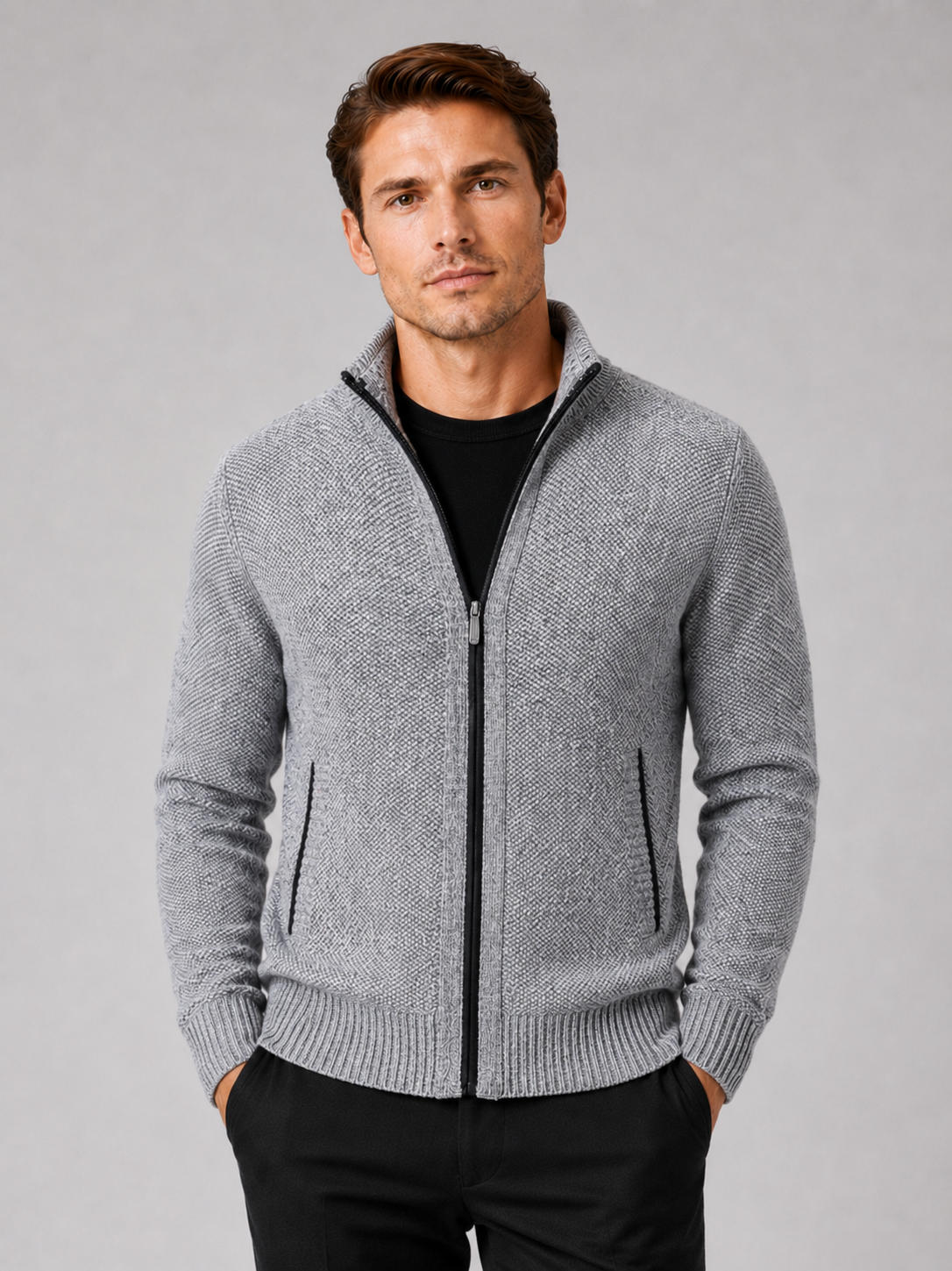 Men's full-zip fleece cardigan in gray — additional view