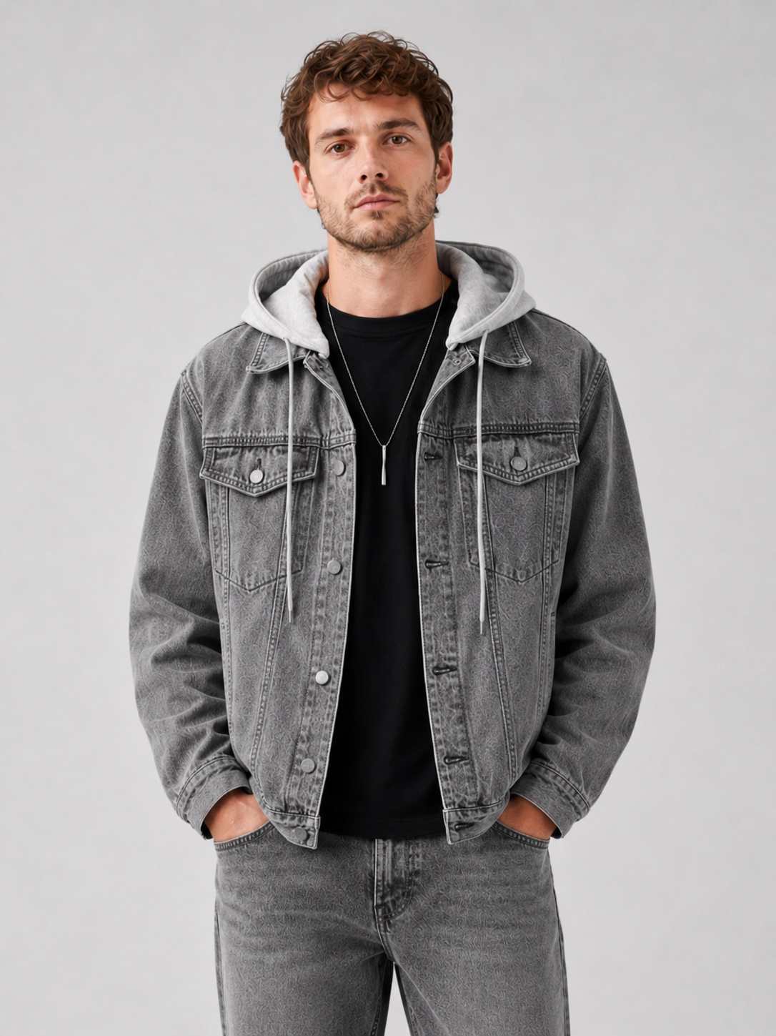 Men's hooded relaxed-fit denim jacket in gray — additional view