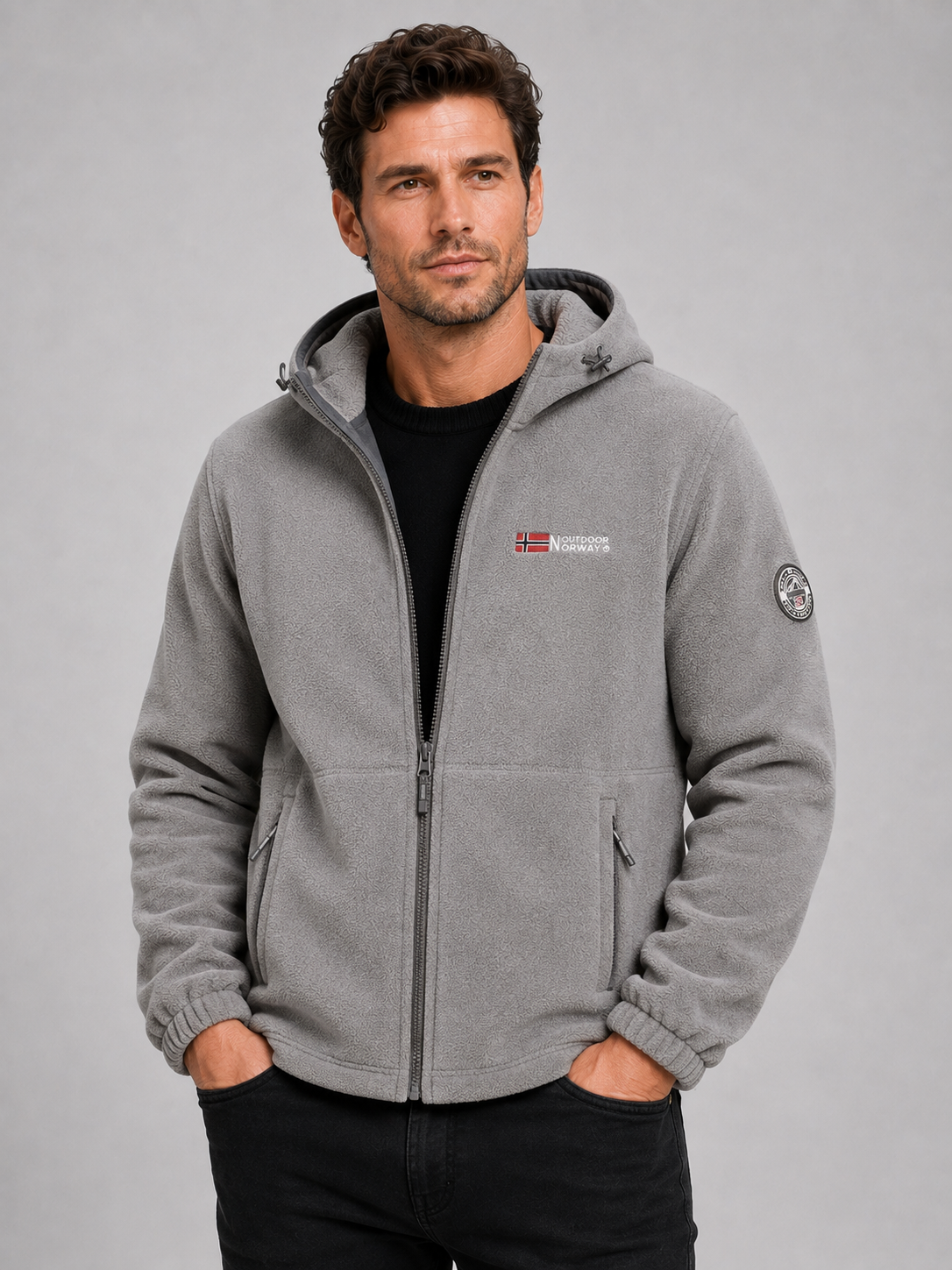 Men's windproof hooded fleece jacket in gray — additional view