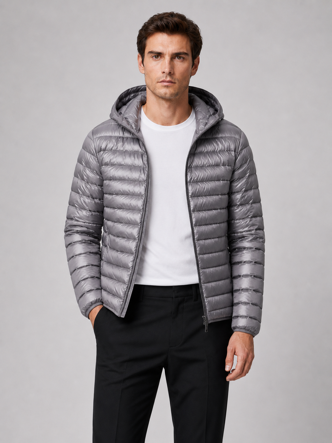 Men's lightweight hooded down jacket in gray — additional view