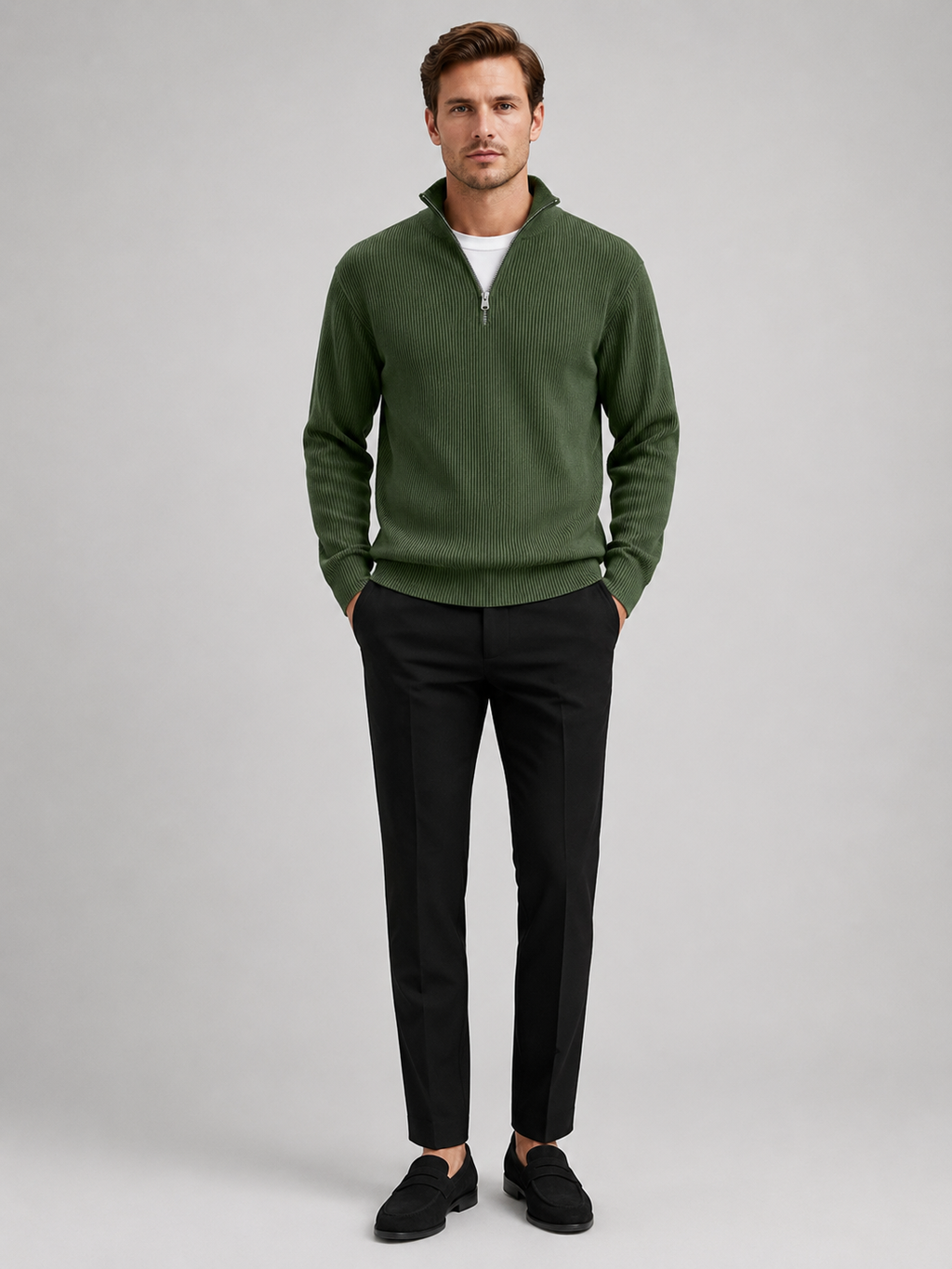 Men's ribbed stand-collar quarter-zip sweater — detail view