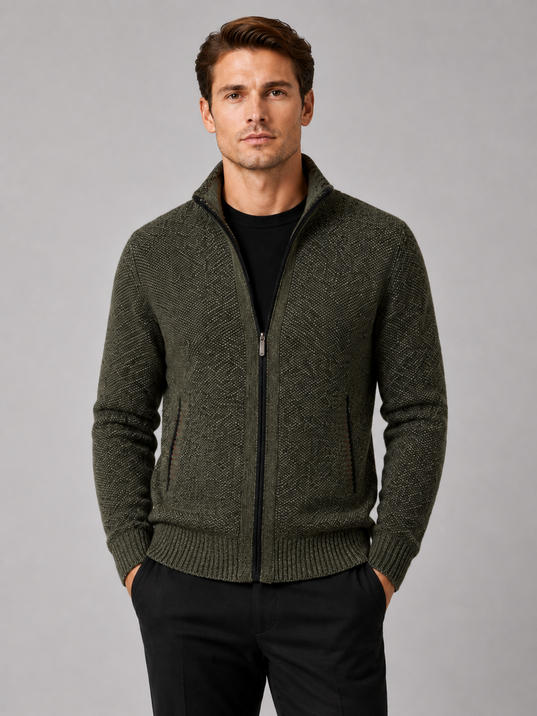 Men's full-zip fleece cardigan in green — additional view