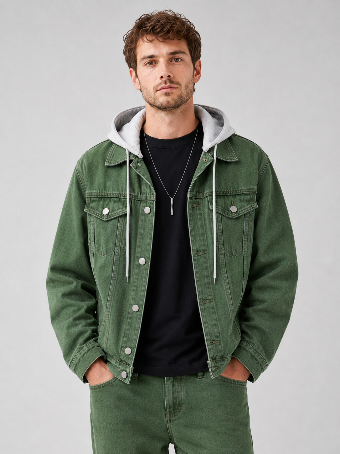 Men's hooded relaxed-fit denim jacket in green — additional view