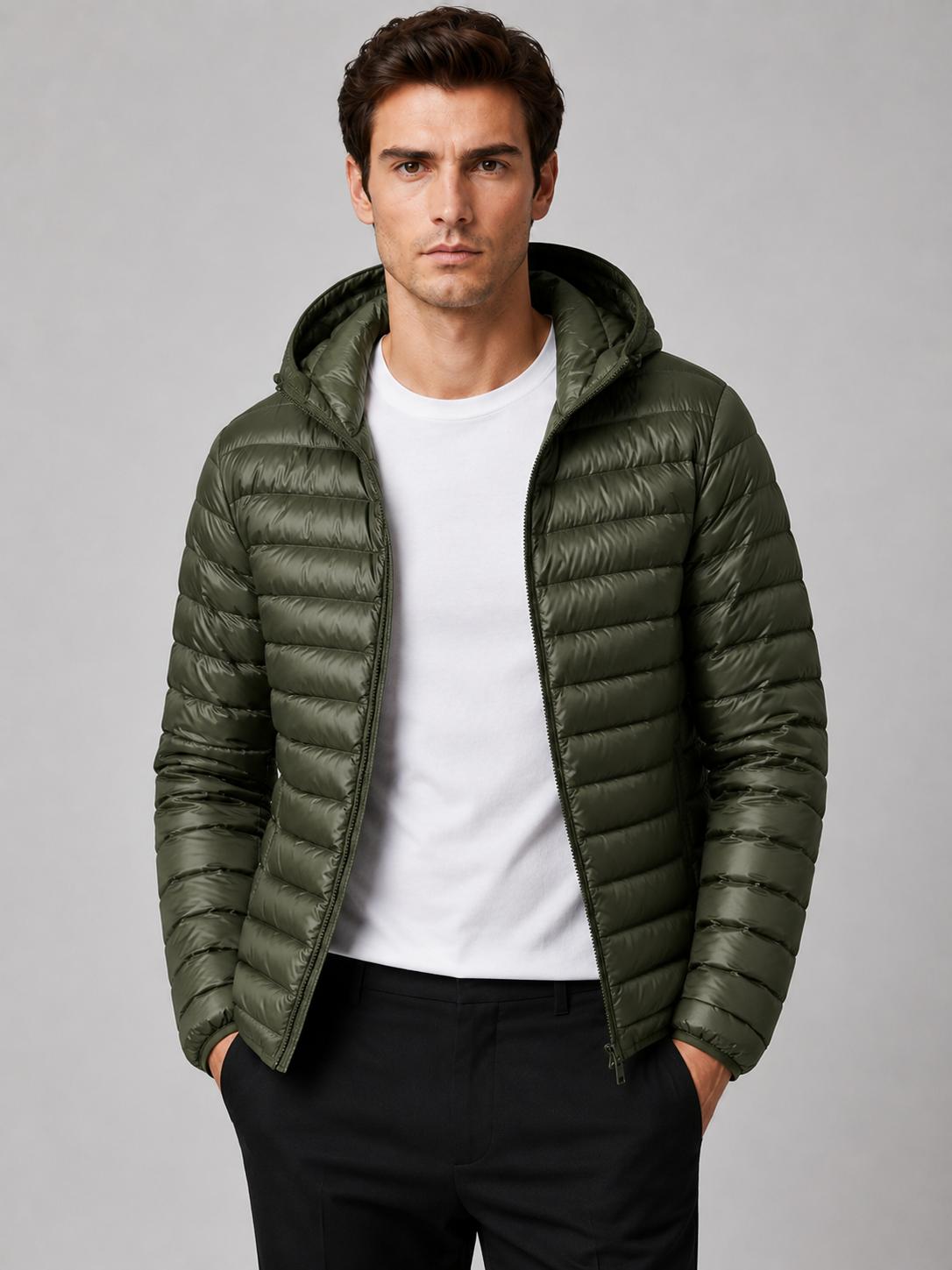 Men's lightweight hooded down jacket in green — additional view