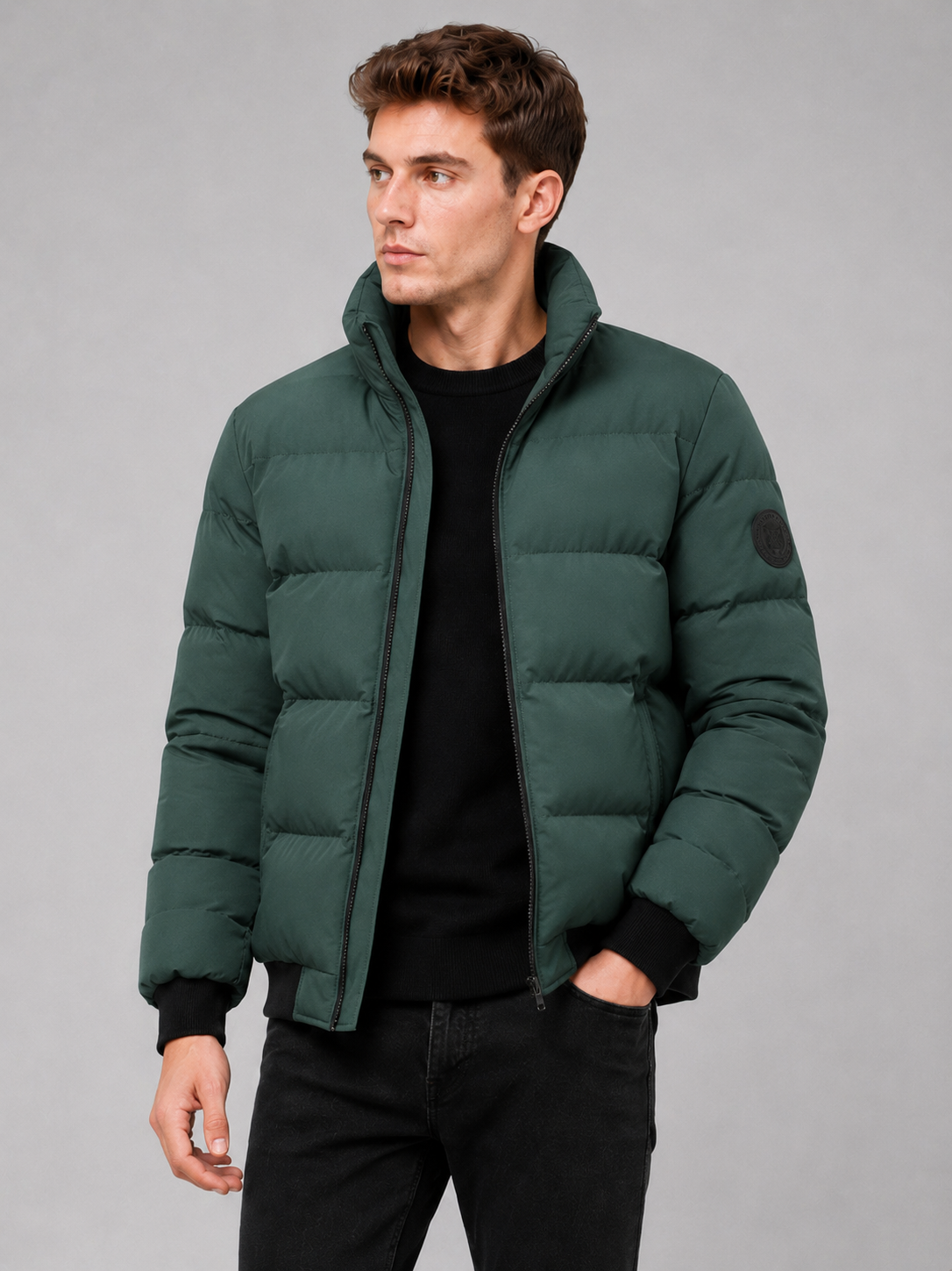 Men's thick zip-up puffer jacket in green — additional view