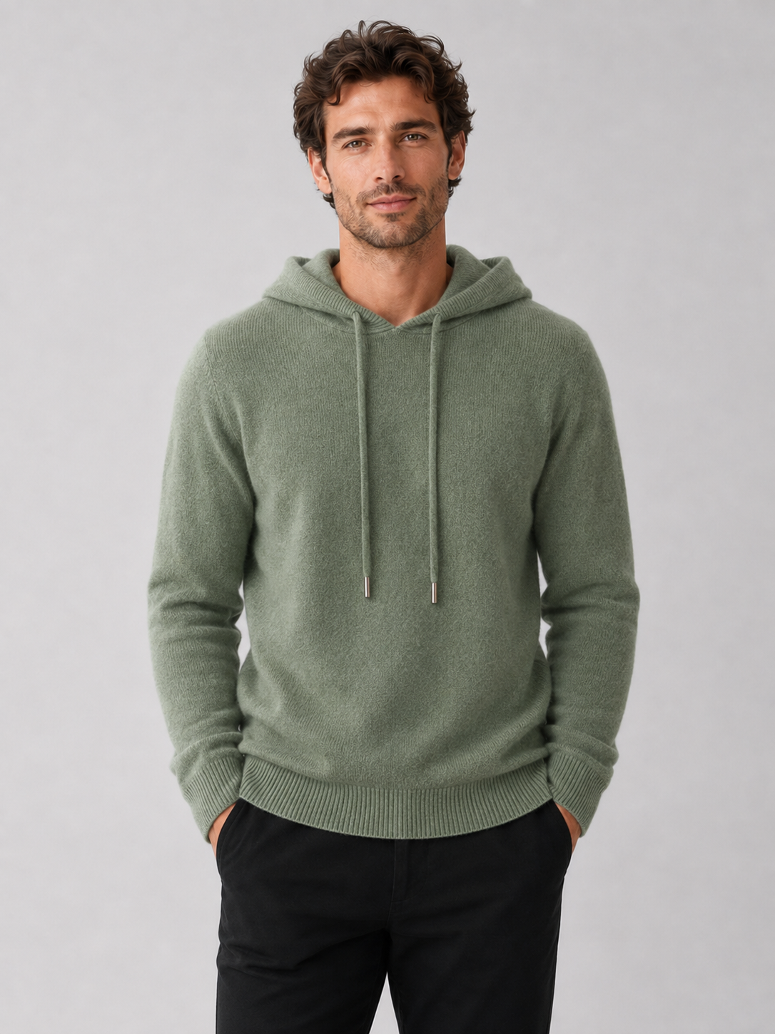 Men's hooded knit pullover sweater in green — additional view