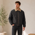 Men's sherpa-collar zip work jacket in grey — detail view