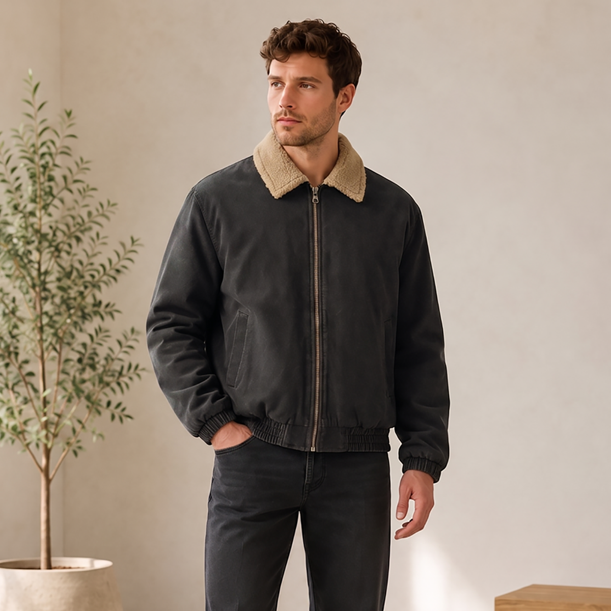 Men's sherpa-collar zip work jacket in grey — detail view