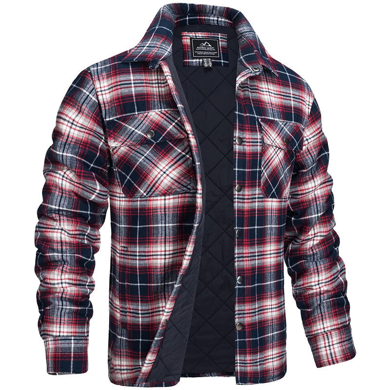 Men's checked flannel padded overshirt in red — additional view