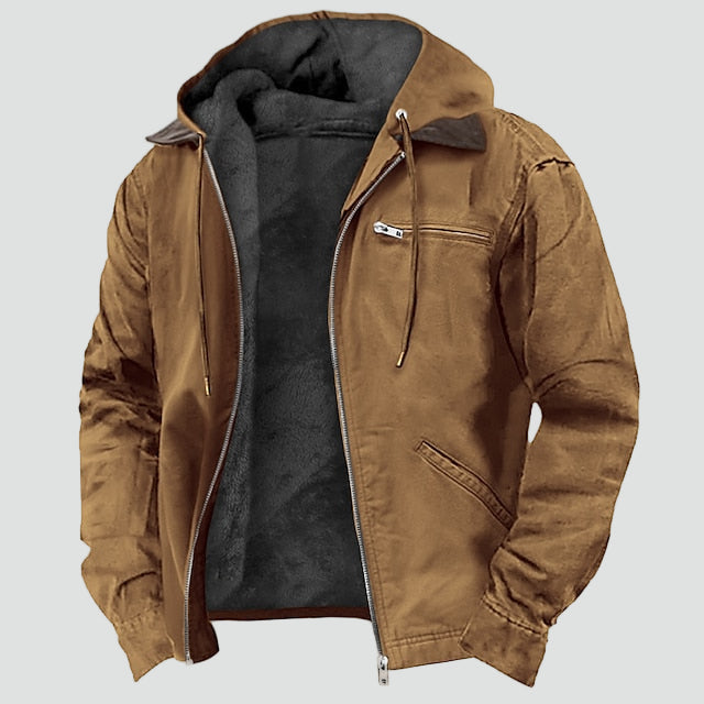 Men's hooded fleece-lined mid-season jacket in brown — alternate view