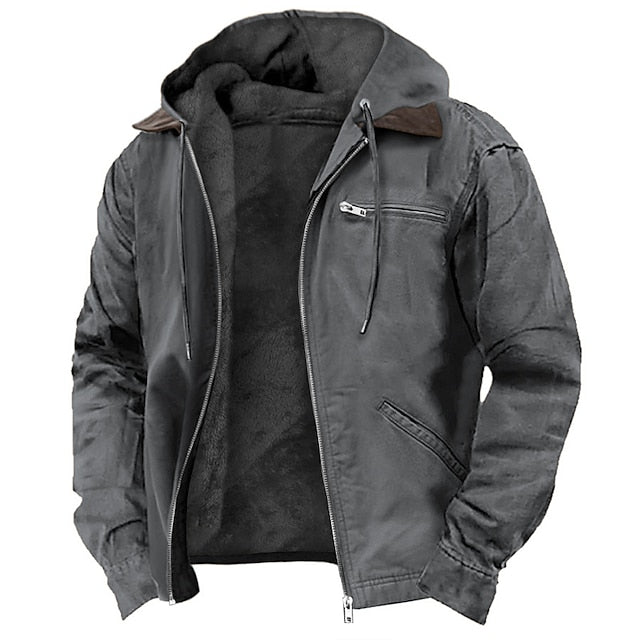 Men's hooded fleece-lined mid-season jacket in grey — detail view