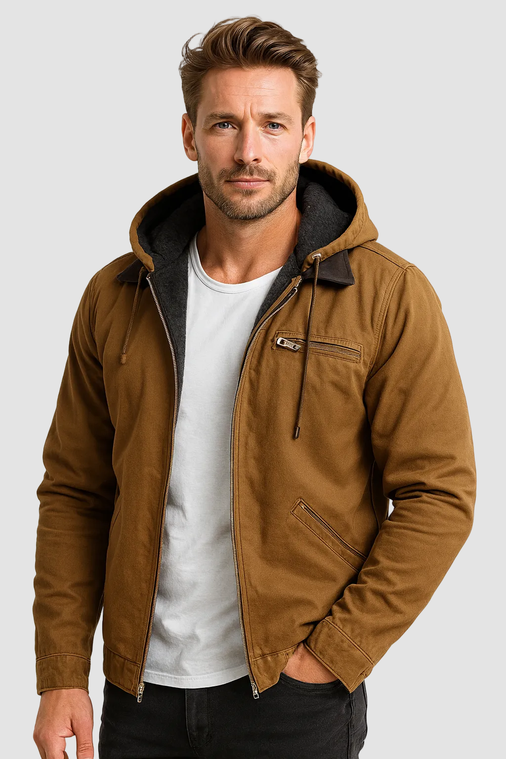 Men's hooded fleece-lined mid-season jacket