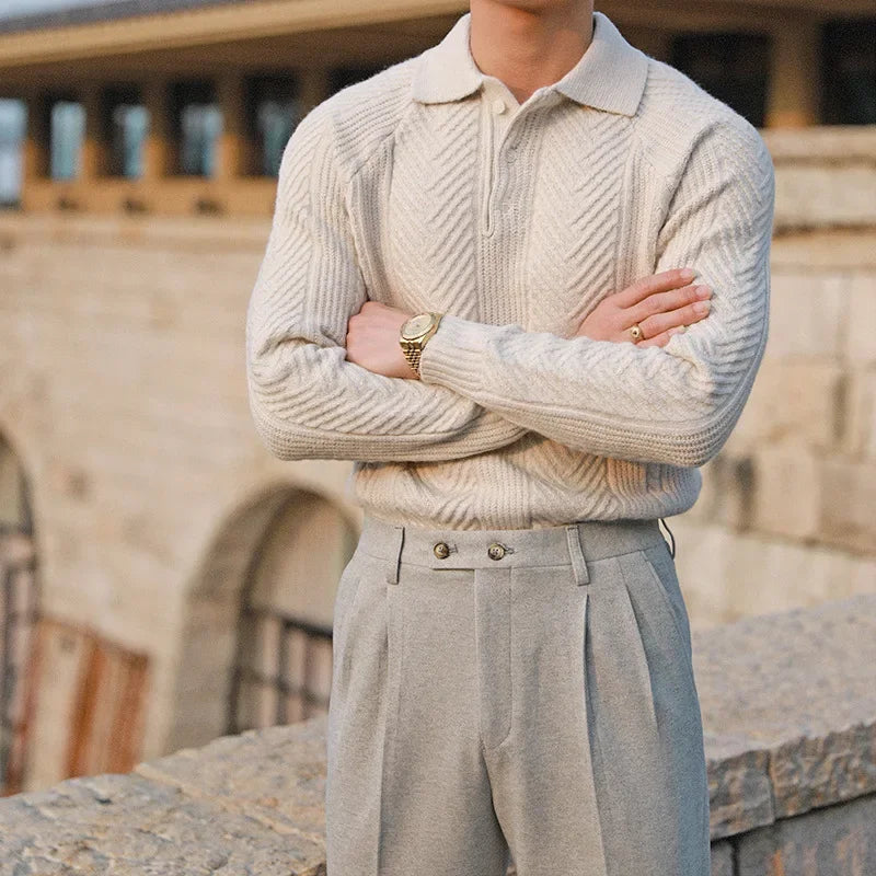 Men's relaxed-fit knit polo sweater — detail view