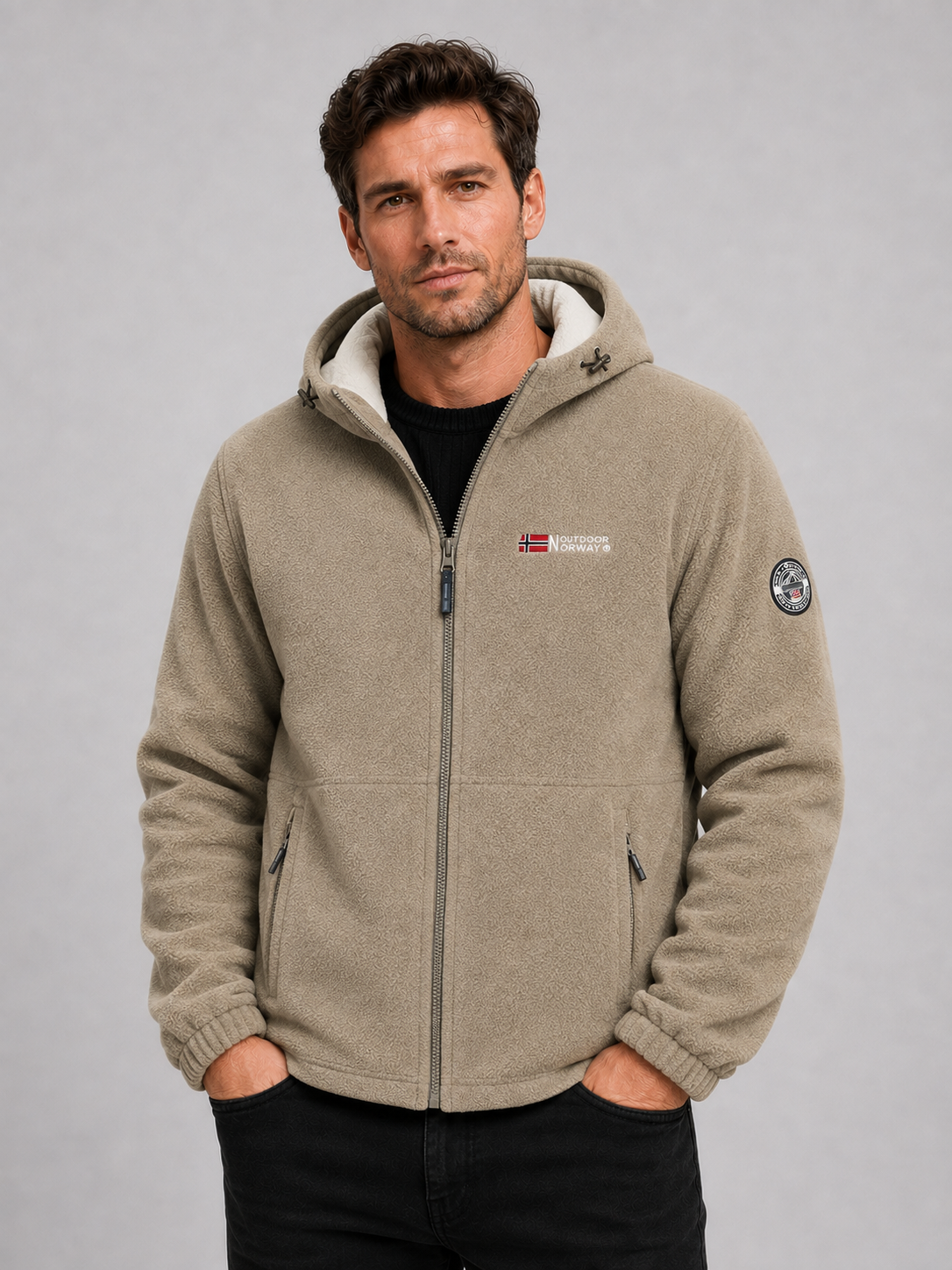 Men's windproof hooded fleece jacket in khaki — additional view
