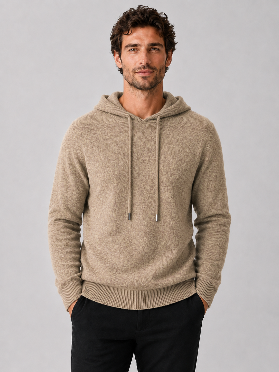 Men's hooded knit pullover sweater in khaki — additional view
