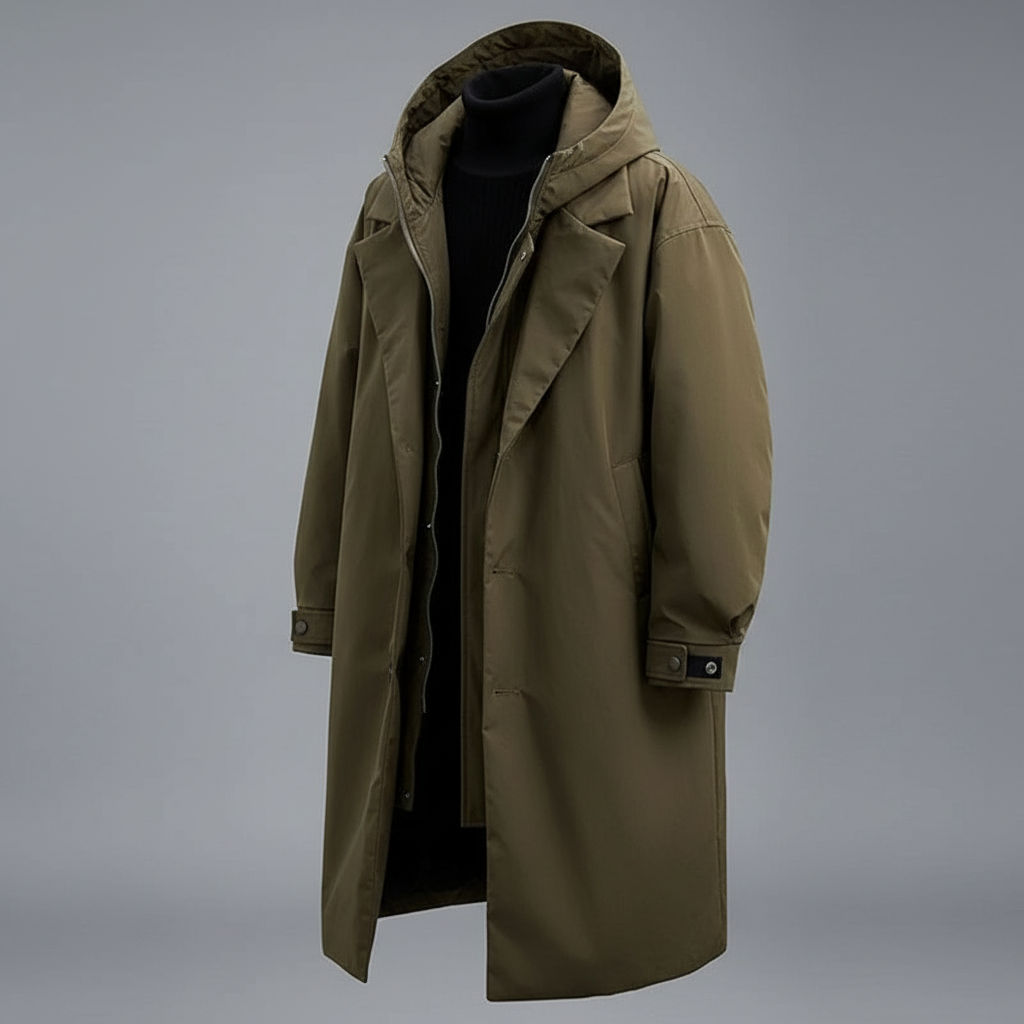 Men's waterproof hooded puffer trench coat in army green — additional view