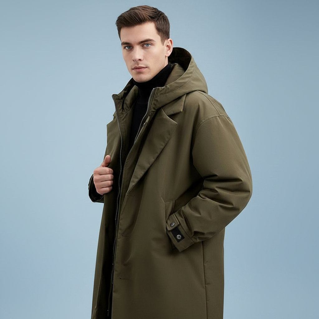 Men's waterproof hooded puffer trench coat