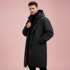 Men's waterproof hooded puffer trench coat — detail view